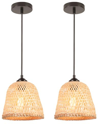 LIGKIN 2 Stück Pendelleuchte Bambus Weben Kronleuchter Rattan Boho Style Bambus Lampenschirm Vintage Deckenleuchte Deko für Schlafzimmer Wohnzimmer Küche