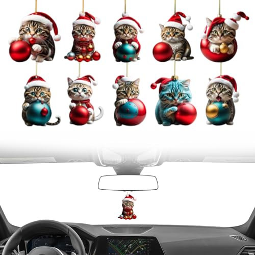 Christbaumschmuck Katze 10 Stück 2D Acryl Katze Autospiegel Hängezubehör Doppeldruck süße Weihnachtskatzen Ornamente für Katzenliebhaber Weihnachtsbaumschmuck Katzenornament