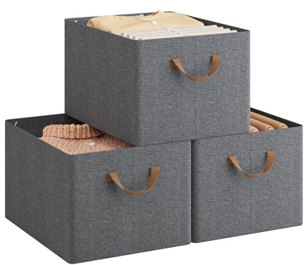 WOLTU Aufbewahrungsbox 3 Stück, mit Griffen, faltbar, Grau, 42x26x32 cm | aus Polyesterstoff, für Schlafzimmer, Arbeitszimmer, Wohnzimmer, für Kleidung Spielzeug, Organizer Box mit Griffen, faltbar,