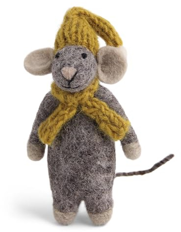 Gry & Sif Filzmaus, Anhänger, Weihnachtsdekoration, Filzdekoration, Geschenkidee, Mitbringsel, Glücksbringer, Handmade, Fairtrade (graue Maus mit Schal)