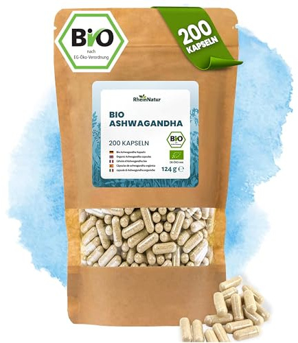 RheinNatur Ashwagandha Bio Lot de 200 gélules d'ashwagandha bio – 3000 mg par dose quotidienne – Ashwagandha pur bio avec enveloppe végétalienne – Riche en minéraux, vitamines et antioxydants