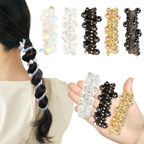 Loghohu 5 Pcs Hair Ties,Elastic Hair Ties Stylish Plastic No Damage Crease Phone Cord Beads Spiral Hair Tie for Women Girls Long Curly Hair Ponytail Braids Hair Accessories(5 Colors)