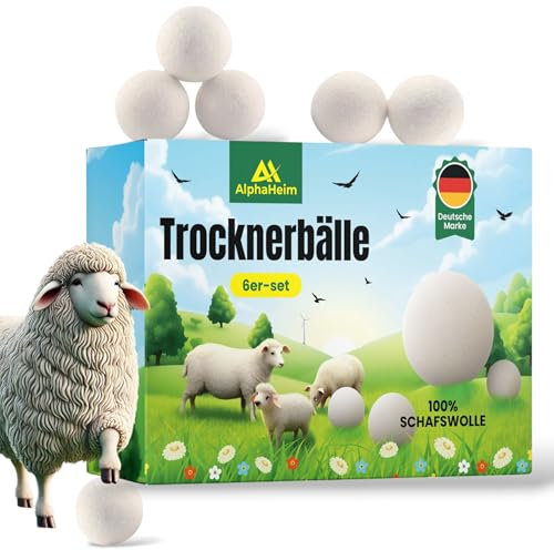 AlphaHeim® – XL Trocknerbälle 6er Set für Wäschetrockner und Daunenjacken Schadstoff frei & tierfreundlich.Trocknerkugeln aus 100% Schafwolle. Wool Dryer Balls -1000x verwendbar. Energie Sparen-TÜV®