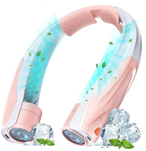 BOSONER Nackenventilator Hals Ventilator Tragbarer: 6000 mAh Halsventilatoren USB Aufladbar Leise Halsventilator Persönlicher Ventilator mit 6 Geschwindigkeiten für Camping Reisen Büro (Rosa/Weiß)