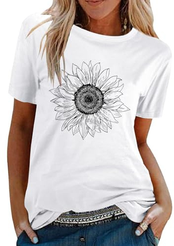 Tuopuda T-shirts för dam sommar T-shirt kortärmad elegant topp bomull crew neck grafisk t-shirt casual t-shirt skjorta tryck skjorta rolig sportig blus mode toppar plus storlek, Solros vit, S