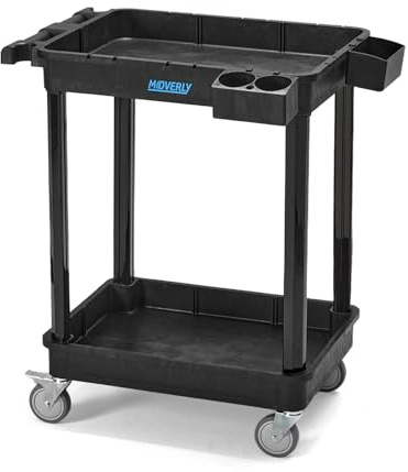 MOVERLY Heavy Duty 2-Shelf Utility Cart, 28x19 Inch, 220 lbs Capacity, Industrial Plastic, Locking Swivel Wheels - Multipurpose Service Rolling Cart for Home, Office, Industrial Use