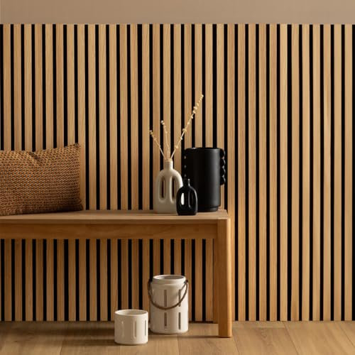 WEB2O - Juego de 4 paneles decorativos acústicos, listones de madera, 120 x 30 cm, color roble claro