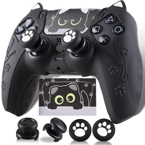 PlayRealm 1 x cover adesiva in silicone e 2 impugnature di estensione per controller PS5, motivo: gatti, colore: nero