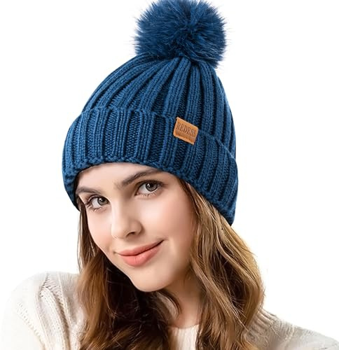 REDESS Damen Winter gestrickt Beanie Mütze Warm Fleece gefüttert mit Bommel Mütze Dick Slouchy Schnee Stricken Skull Ski Cap