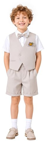 LOLANTA 6-teiliges Sommer-Set für Jungen mit Weste, Hemd, Shorts, Fliege, Hosenträgern, Anstecker, 4–11 Jahre