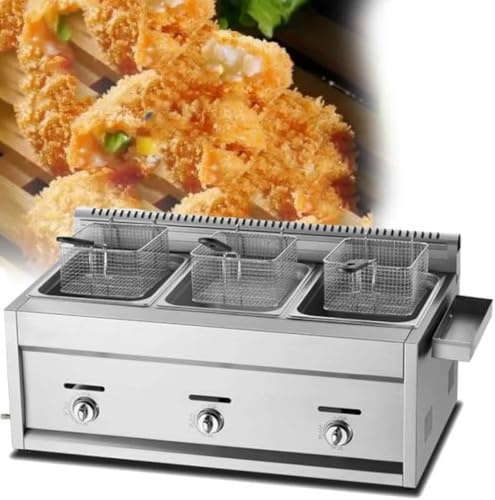 HTTGDGDH Friteuse À Gaz Professionnelle, Friteuse De Comptoir Au Gpl, Double Friteuse en Acier Inoxydable avec Paniers Amovibles pour Frites, Grande Capacité pour Restaurant（Triplecylinder9L+9L+9L）