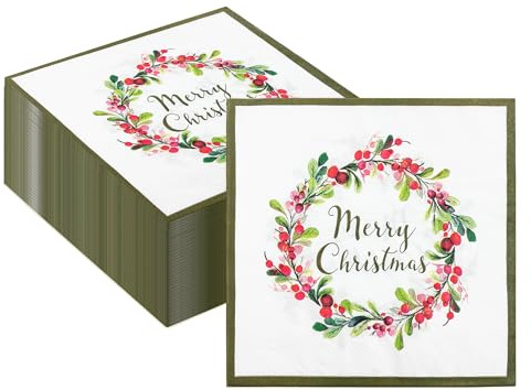 LYLIDIA 100 Stück Servietten Weihnachten Weihnachtsservietten mit Beerengirlande-Motiv –Weihnachts Servietten Festliche 2-lagige Papierservietten Winter für Tischdeko, 33x33 cm (Weihnachtskranz)