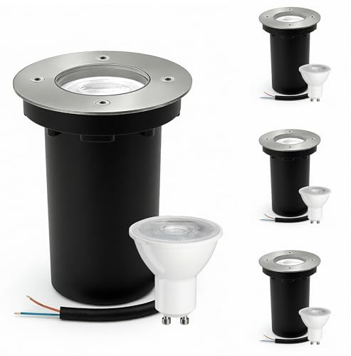 JNR Edelstahl Bodenstrahler Außen IP67 Wasserdicht 230V, Silber 4 Pack
