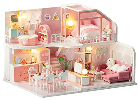 Kit de casa de muñecas de madera DIY con muebles y luz para niños, estilo de regalo 3