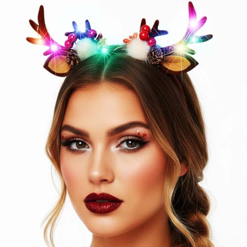 Reaky Serre-tête lumineux en bois de renne avec LED - Accessoires de Noël pour femme