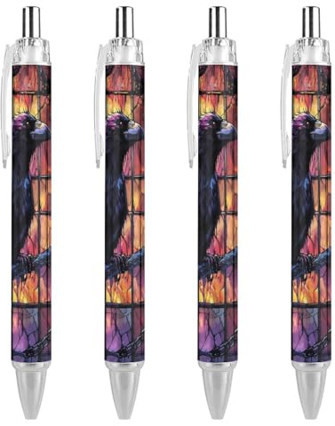 THKVSV Dark Raven Shackles Stained Glass Window Funny Ballpoint Pens 0.5mm Retractable Ball Point Pen Smooth Writing 4 PCS