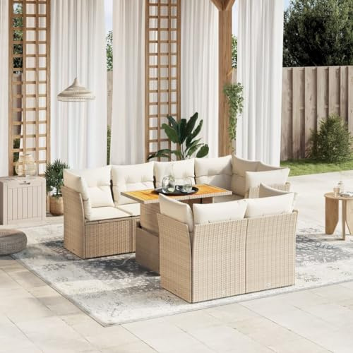 QJBSAVVA 8-TLG. Garten-Sofagarnitur Beige Polyrattan Lounge-Set mit höhenverstellbarem Tisch 62x62x69 cm Sitzgruppe für Balkon Terrasse und Camping