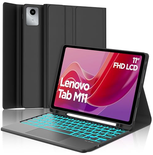 Coque Clavier pour Lenovo Tab M11 11 Pouces avec Pavé Tactile, AZERTY Français Clavier Bluetooth Magnétique Détachable avec 7 Couleurs Rétroéclairées pour Tablette Lenovo Tab M11 11 2024, Noir