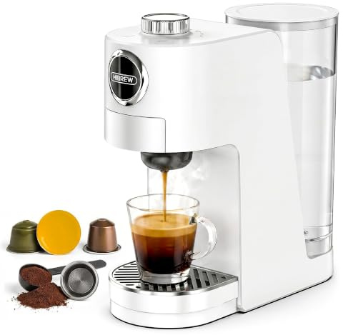 HIBREW H3C 3-in-1 Single Serve Pod Coffee Machine, 7 Temp Levels | Fits NS*/DG* Pod & Ground Coffee, 1400ml Removable Water Tank, Compact Single Serve Coffee Maker for Home Office Hotel-White