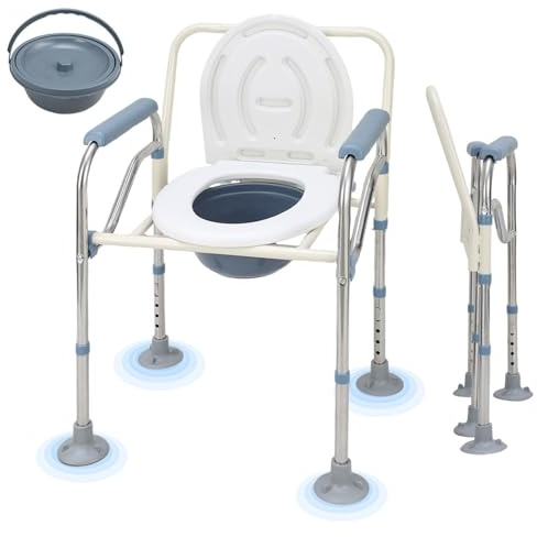 ISOISL Silla de inodoro para personas mayores de hasta 150 kg, 5 alturas ajustables, silla de noche con cubo, ayuda para inodoro, taburete para personas mayores y embarazadas, incluye platillo