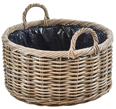 Kobolo Pflanzkorb rund - Ø 50 cm - grau – geflochtener Rattan Übertopf mit Folie & Griffen, Stabiler Blumen- & Pflanzenkorb für Indoor & geschützten Outdoorbereich wie Balkon & Terrasse
