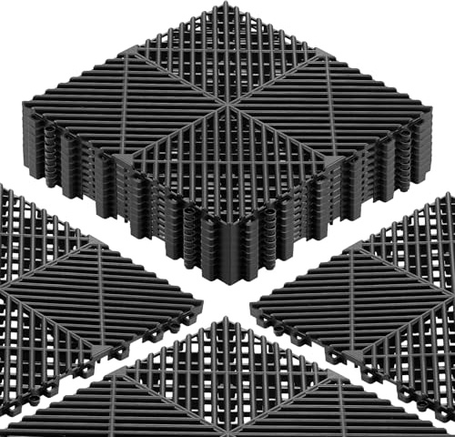 VEVOR Baldosas para Garaje Entrelazadas, 310 x 310 mm, Paquete de 12 Piezas, Azulejos de Drenaje de Polipropileno, Autoventilado, Antideslizante, Suelo Modular para Cocina Piscina Baño, Color Negro