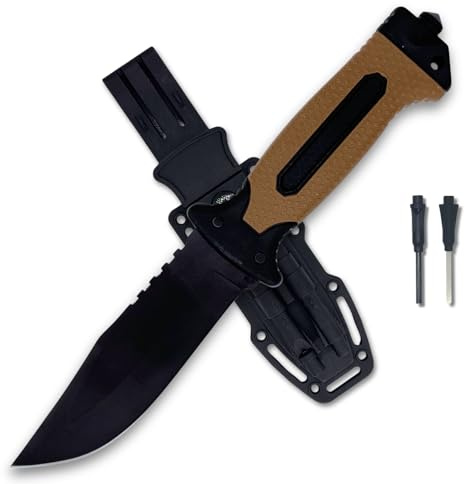 Coltello Sopravvivenza Lama Combinata 13cm Acciaio Inox, Manico Antiscivolo Marrone, Fodero ABS, Accendifuoco, Fischietto, Pietra Affilatrice e Rompivetro – Bushcraft, Camping, Trekking, Idea Regalo