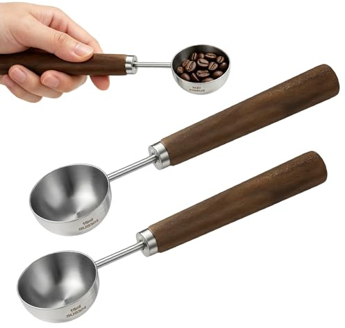 SRJQXH Confezione da 2 Misurini per Caffè da 15 ml, Misurino Vintage in Acciaio Inox con Manico in Noce, per Caffè, Tè, Zucchero e Spezie