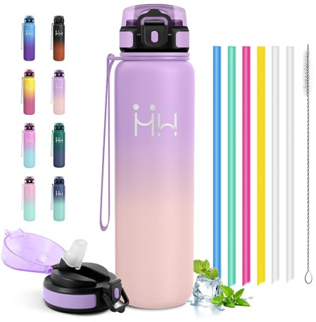 JAPORIA Borraccia Acciaio Inox 1L, Bottiglia Acqua con Cannuccia, Riutilizzabile, a Prova di Perdite, senza BPA, per Running, Uscita