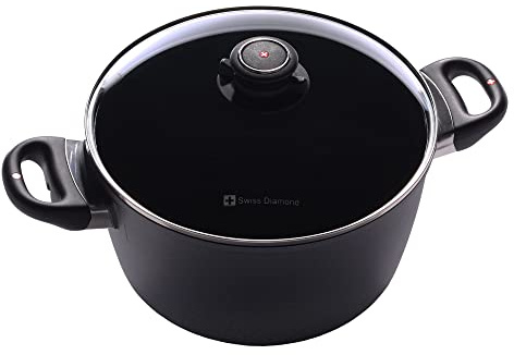 Marmite à soupe Swiss Diamond 24,1 cm (5,5 Qt) en aluminium avec revêtement antiadhésif en diamant à induction, couvercle inclus – Sans PFOA, passe au lave-vaisselle et au four, gris