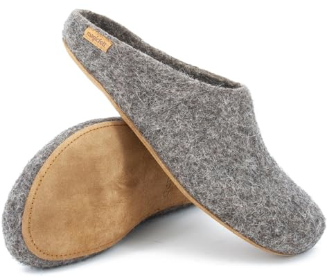 Magicfelt Chaussons en feutre 713 en 100 % laine rare - Pantoufles pour homme et femme avec semelle de vachette de qualité supérieure - Fabriqué au Tyrol, Mouton gris, 43 EU
