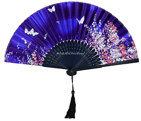CHICEVER Fächer Handfächer aus Bambus & Seide, Schmetterlinge, blau, Handarbeit, 7258