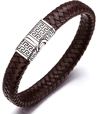 HALUKAKAH ● Solo ● Herr Äkta Brun Läder Armband Titanlås med Magneter 8.46(21.5cm) med Gratis Presentbox