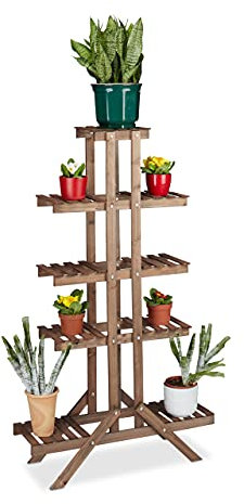 Relaxdays Blumentreppe 5 Ebenen, Aus Holz, Blumenständer für Innen, Mehrstöckig, HBT: 142,5 x 83 x 28,5 cm, dunkelbraun