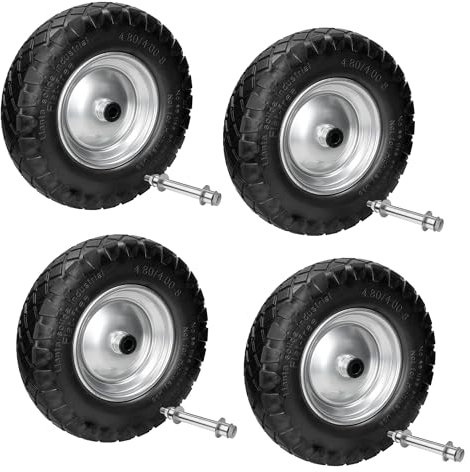 ECD Germany 4 x Ruote Carriola in Gomma Piena PU Antiforatura con Asse Pneumatici Cerchione in Acciaio 4.80/4.00-8 Diametro 390 mm Nero Ruota Ricambio per Carrello Portapacchi Carico Massimo 200 kg