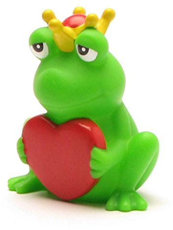 Duckshop I Badeente Froschkönig mit Gruß-Herz I Quietscheente I Quietscheentchen L 8,5cm I Geschenk Valentinstag I Präsent Sammler