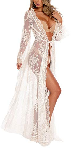 Bsubseach Sexig spetsstilla öppen front baddräkt för damer, strand, lång kimono, cover ups, En Storlek