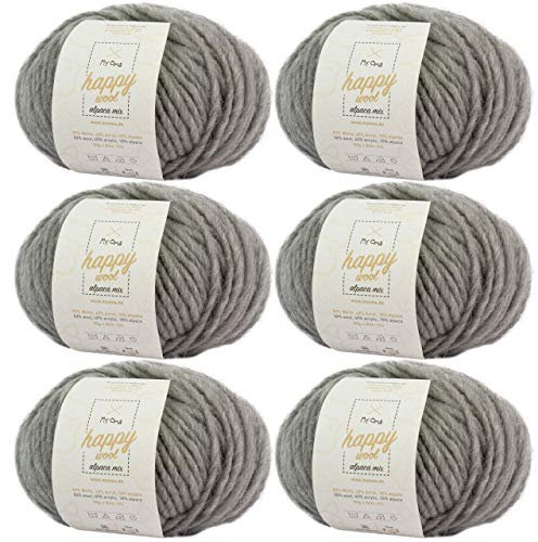 Alpaka Wolle stricken -6x Happy Wool alpaca mix hellgrau (Fb 31)- 6 Knäuel Wolle grau + GRATIS Label - Wolle mit Alpaka - 50g/80m - Nadelstärke 7-8mm -Mischwolle zum Stricken und Häkeln