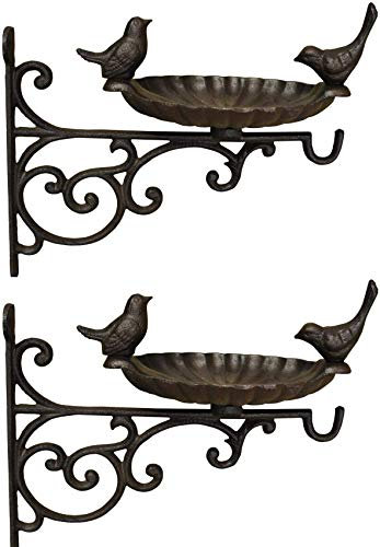 Selections Cast Iron Wall Mounted Hanging Basket Bracket with Bird Feeder Bath Decorative Seed and Nut - Pack of 2