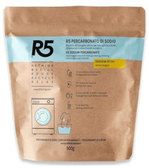 R5, Percarbonato di Sodio in Polvere, 500 g, Sbiancante, Smacchiante e Igienizzante per Lavatrice e Lavastoviglie, Cura Lavatrice, Inodore, Ecologico,