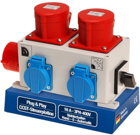 KlingerBorn Einschaltautomatik 3Ph-400V – CEE-Kragenstecker, Wahlschalter | einstellbare Verzugszeiten – Befestigungslaschen – verhindert gleichz. Anlauf v. zwei Antrieben – autom. Start der Absaugung