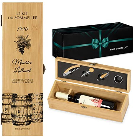 Maverton Coffret à bouteille en bambou, Cadeau d'accessoires pour le vin, Set sommelier personnalisé, Cadeau pour chaque homme - Cadeau Noel - vigne