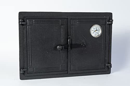 Sezam, Puerta de horno de hierro fundido, puerta doble para horno de pizza de 47,5 x 32,5 cm, con termómetro de 500 C, horno de pan, cocina de jardín y cámara de ahumado, color negro