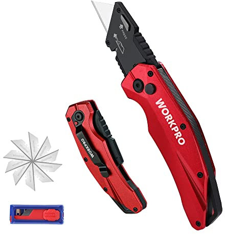 WORKPRO Cutter Professionnel Pliant, Cutter Utilitaire avec Mécanisme de Changement Rapide, 10 Lames SK5 Incluses, Idéal pour Coupe, Rouge