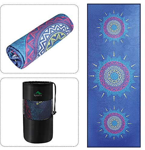 Keemi Rutschfestes Yoga-Handtuch, Mikrofaser, Yogamatte, Decke für Hot Yoga, Bikram, Pilates, Fitnessstudio, Handtücher für Schweiß (185,4 x 63,5 cm, Mandala-Blau)