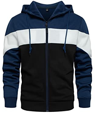 Wirltte Mens Hoodie Zip up Hoodies Color Block Hooded Sweatshirt Long Sleeve Patchwork Tops with Pockets Blue XL
