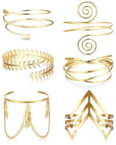 Diamday 6 Piezas Brazalete Dorado Brazalete de Brazo Superior para Mujer Brazalete Abierto Brazalete de Hoja Conjunto de Joyería Ajustable