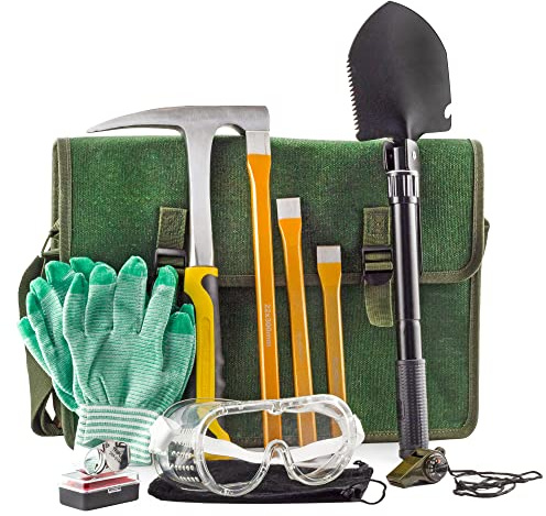 Esterno Rockhound & Rock Mining Kit (Deluxe 15-teiliges Set); Rockhound Set beinhaltet Hammer, Meißel, Musette Tasche und Zubehör