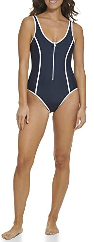 Tommy Hilfiger Damen Over The Shoulder Half Zip One Piece Swimsuit Einteiler, Marineblau/Weiß, S