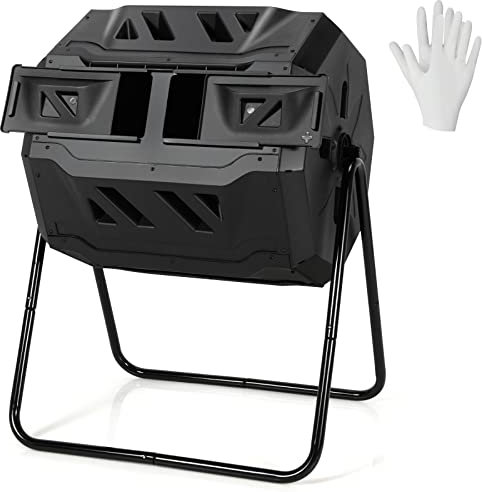COOURIGHT 43 Gallon (163L) Composting Tumbler, Dual Chamber Rotating Compost Bin w/Sliding Doors & Stable Metal Frame, 360° Rotation, Outdoor Tumbling Composter w/Operation Gloves for Garden, Yard